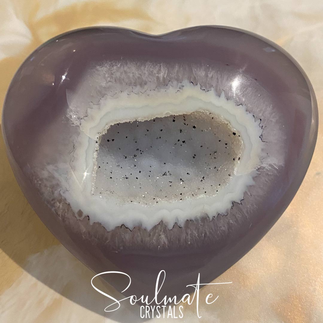 Soulmate Crystals Agate Smoky Lavender Druzy Crystal Heart, Polished Lavender Crystal for Balance and Focus with White Chalcedony Filled Cave