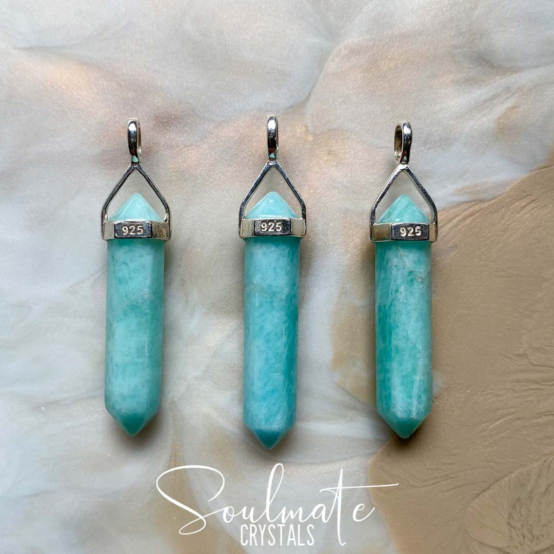 Soulmate Crystals Amazonite Sterling Silver Double-Terminated Crystal Pendant, Teal Blue Crystal for Hope, Tranquility.