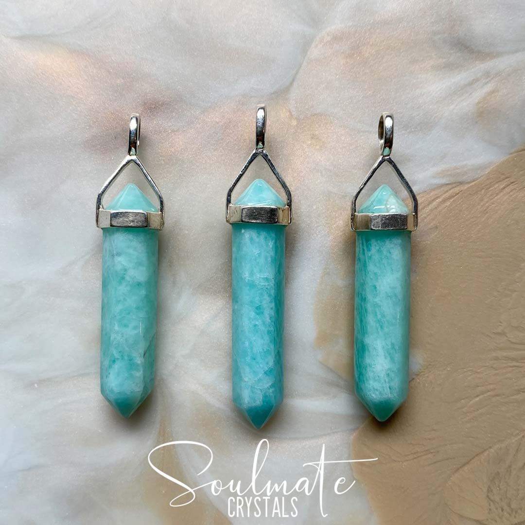 Soulmate Crystals Amazonite Sterling Silver Double-Terminated Crystal Pendant, Teal Blue Crystal for Hope, Tranquility.