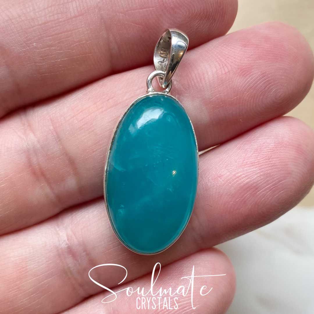 Soulmate Crystals Gel Amazonite Polished Crystal Pendant Oval Sterling Silver, Gemmy Teal Blue Crystal for Hope, Tranquility, Pendant, Jewellery, Jewelry, Wearable Crystal Jewellery.