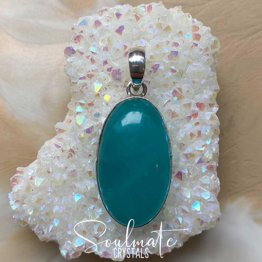 Soulmate Crystals Gel Amazonite Polished Crystal Pendant Oval Sterling Silver, Gemmy Teal Blue Crystal for Hope, Tranquility, Pendant, Jewellery, Jewelry, Wearable Crystal Jewellery.