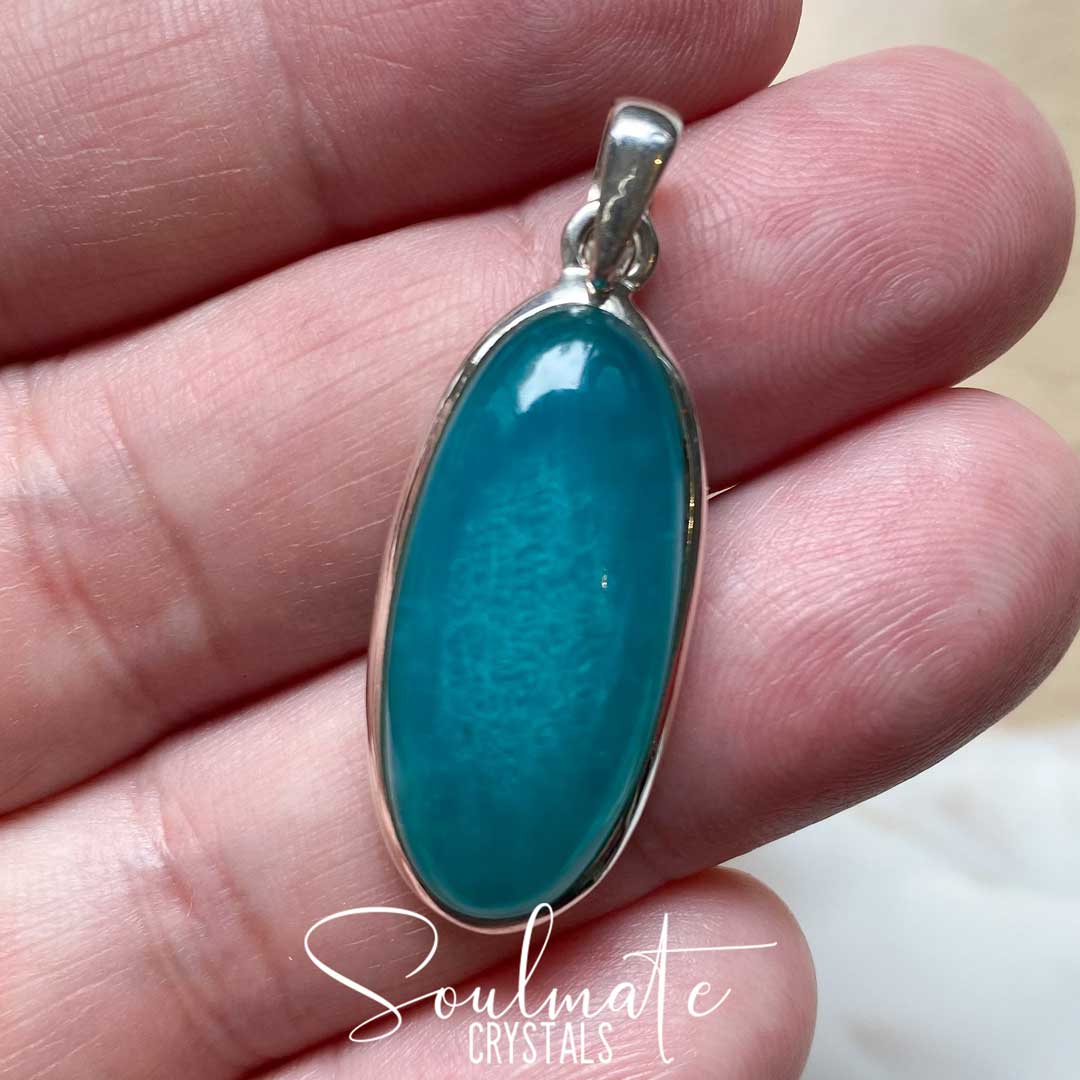 Soulmate Crystals Gel Amazonite Polished Crystal Pendant Oval Sterling Silver, Gemmy Teal Blue Crystal for Hope, Tranquility, Pendant, Jewellery, Jewelry, Wearable Crystal Jewellery.