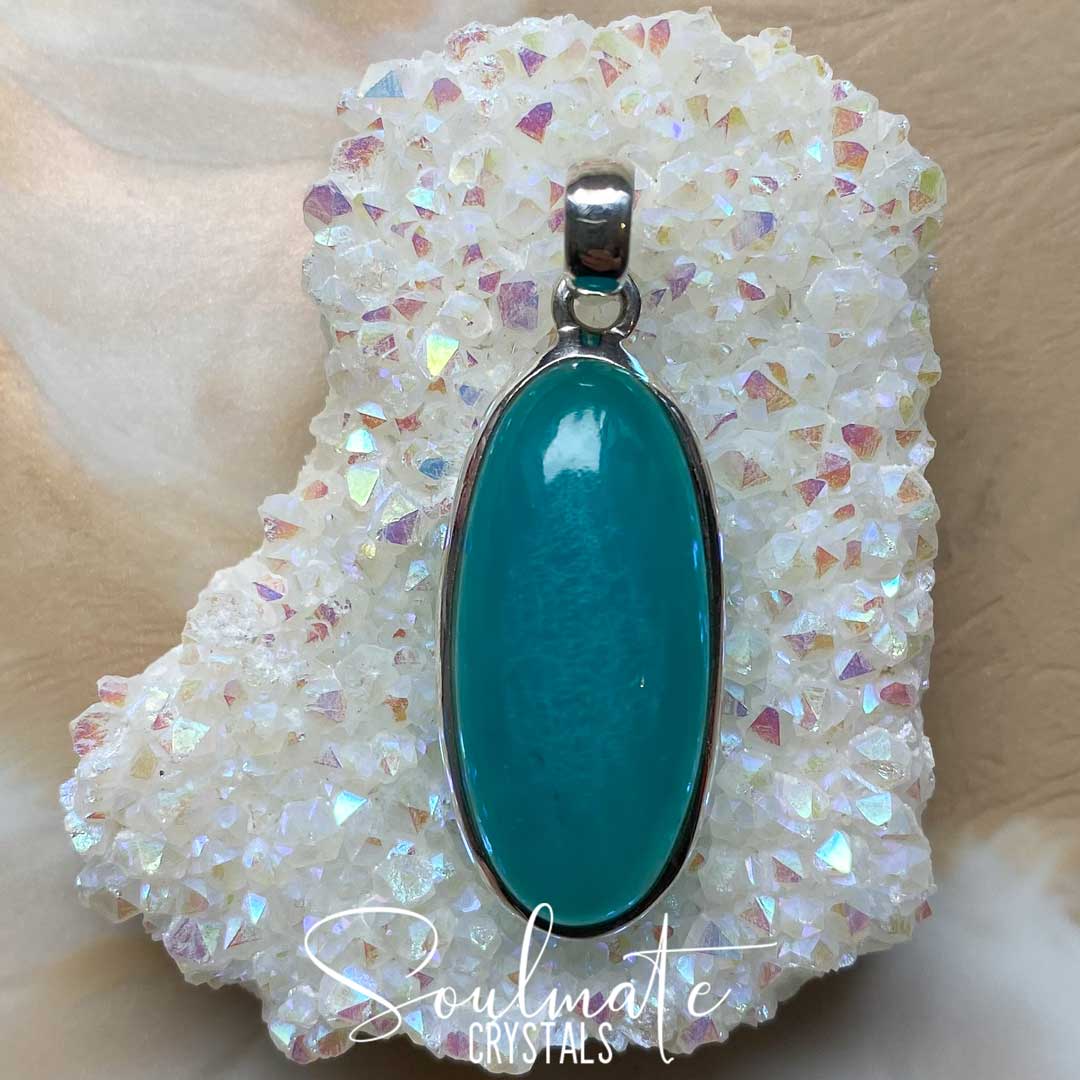 Soulmate Crystals Gel Amazonite Polished Crystal Pendant Oval Sterling Silver, Gemmy Teal Blue Crystal for Hope, Tranquility, Pendant, Jewellery, Jewelry, Wearable Crystal Jewellery.