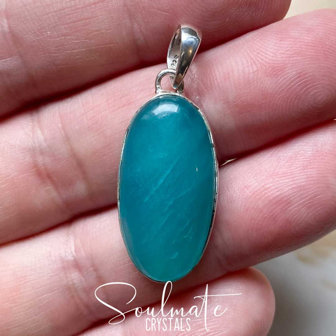 Soulmate Crystals Gel Amazonite Polished Crystal Pendant Oval Sterling Silver, Gemmy Teal Blue Crystal for Hope, Tranquility, Pendant, Jewellery, Jewelry, Wearable Crystal Jewellery.