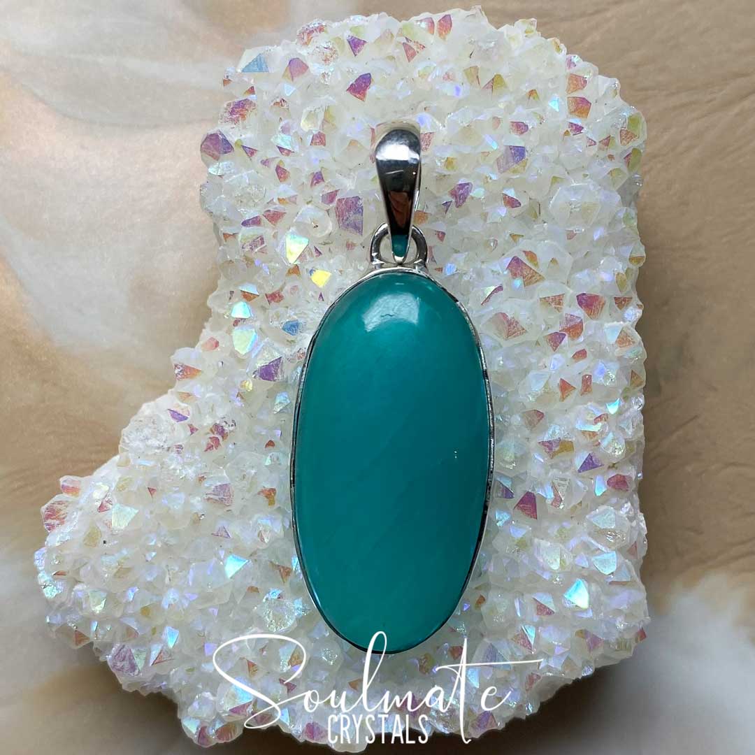 Soulmate Crystals Gel Amazonite Polished Crystal Pendant Oval Sterling Silver, Gemmy Teal Blue Crystal for Hope, Tranquility, Pendant, Jewellery, Jewelry, Wearable Crystal Jewellery.