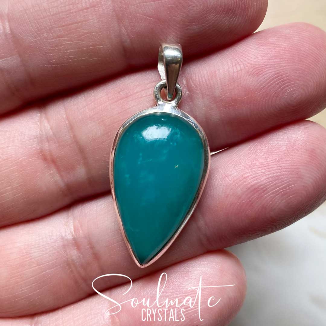 Soulmate Crystals Gel Amazonite Polished Crystal Pendant Teardrop Sterling Silver, Gemmy Teal Blue Crystal for Hope, Tranquility, Pendant, Jewellery, Jewelry, Wearable Crystal Jewellery.
