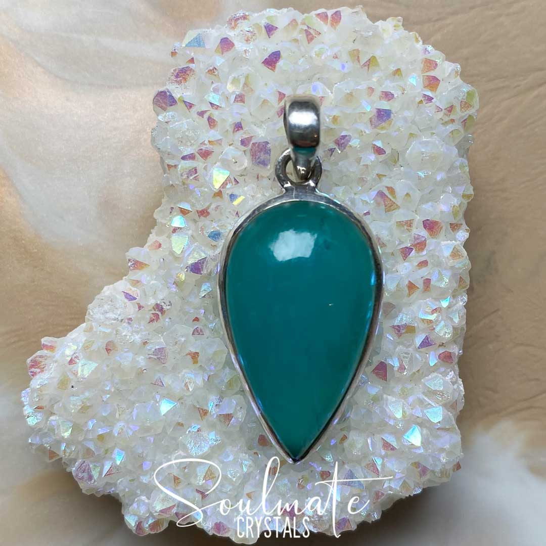 Soulmate Crystals Gel Amazonite Polished Crystal Pendant Teardrop Sterling Silver, Gemmy Teal Blue Crystal for Hope, Tranquility, Pendant, Jewellery, Jewelry, Wearable Crystal Jewellery.