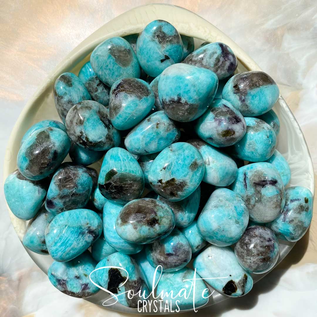 Soulmate Crystals Amazonite Smoky Quartz Tumbled Stone, Polished Teal Blue Crystal with Black Brown Inclusions for Hope, Courage and Stamina.