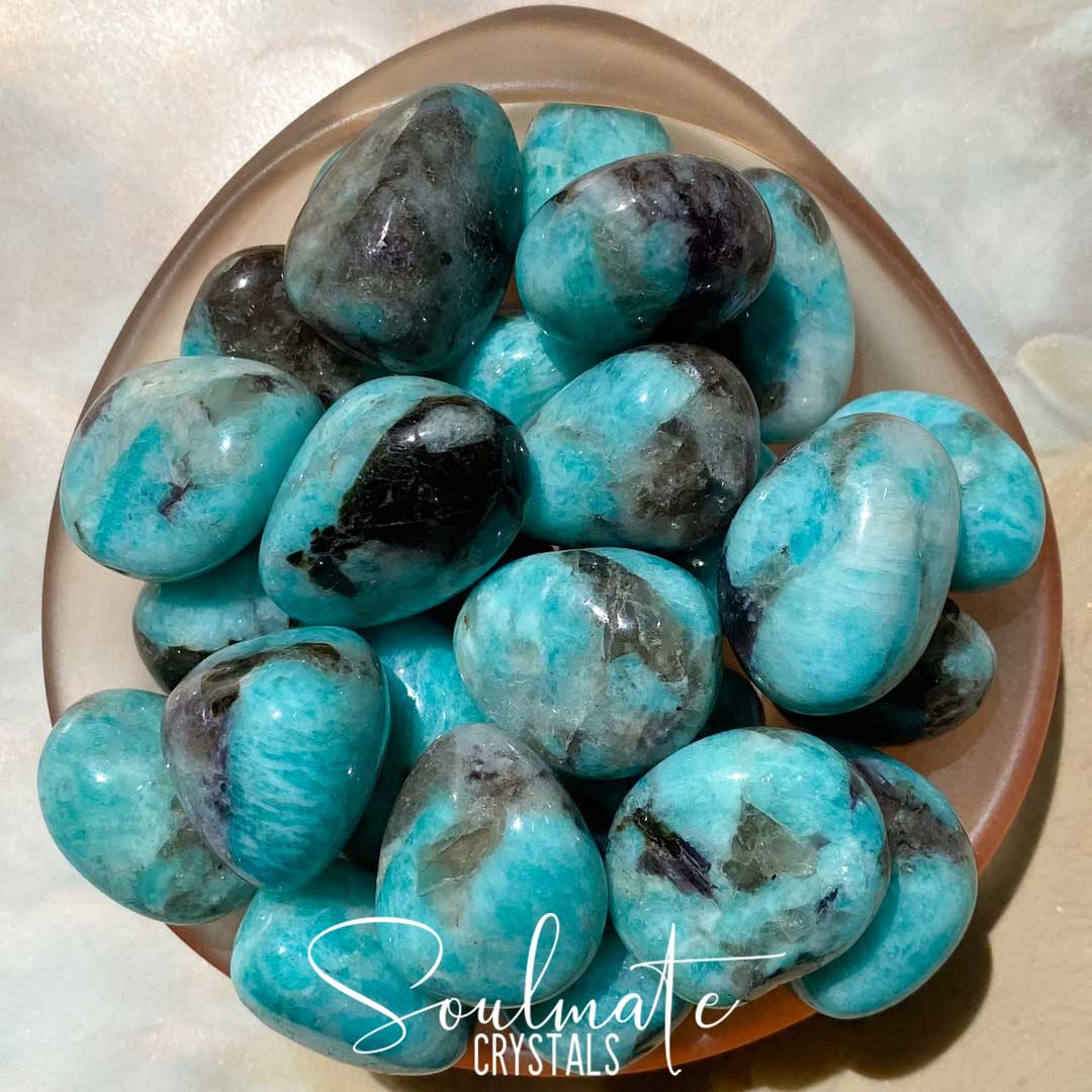 Soulmate Crystals Amazonite Smoky Quartz Tumbled Stone, Polished Teal Blue Crystal with Black Brown Inclusions for Hope, Courage and Stamina.