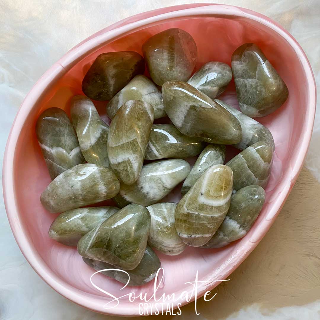 Soulmate Crystals Prasiolite Amegreen Tumbled Stone, Green Banded Crystal for Regeneration, Balance, Growth.