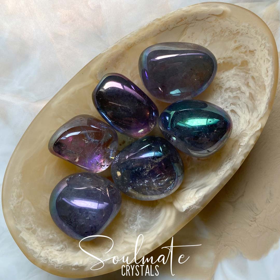 Soulmate Crystals Amethyst Angel Aura Tumbled Stone, Silvery Rainbow Sheen Coated Purple Crystal for Calm, Protection and Spiritual Growth.