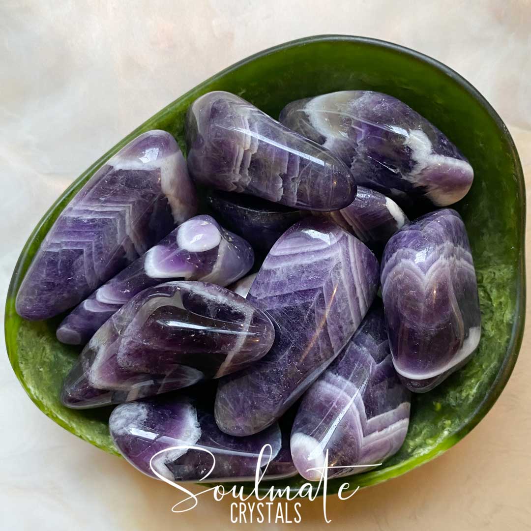 Soulmate Crystals Amethyst Chevron Tumbled Stone, Polished Purple Crystal for Calm, Serenity and Reduce Anxiety.