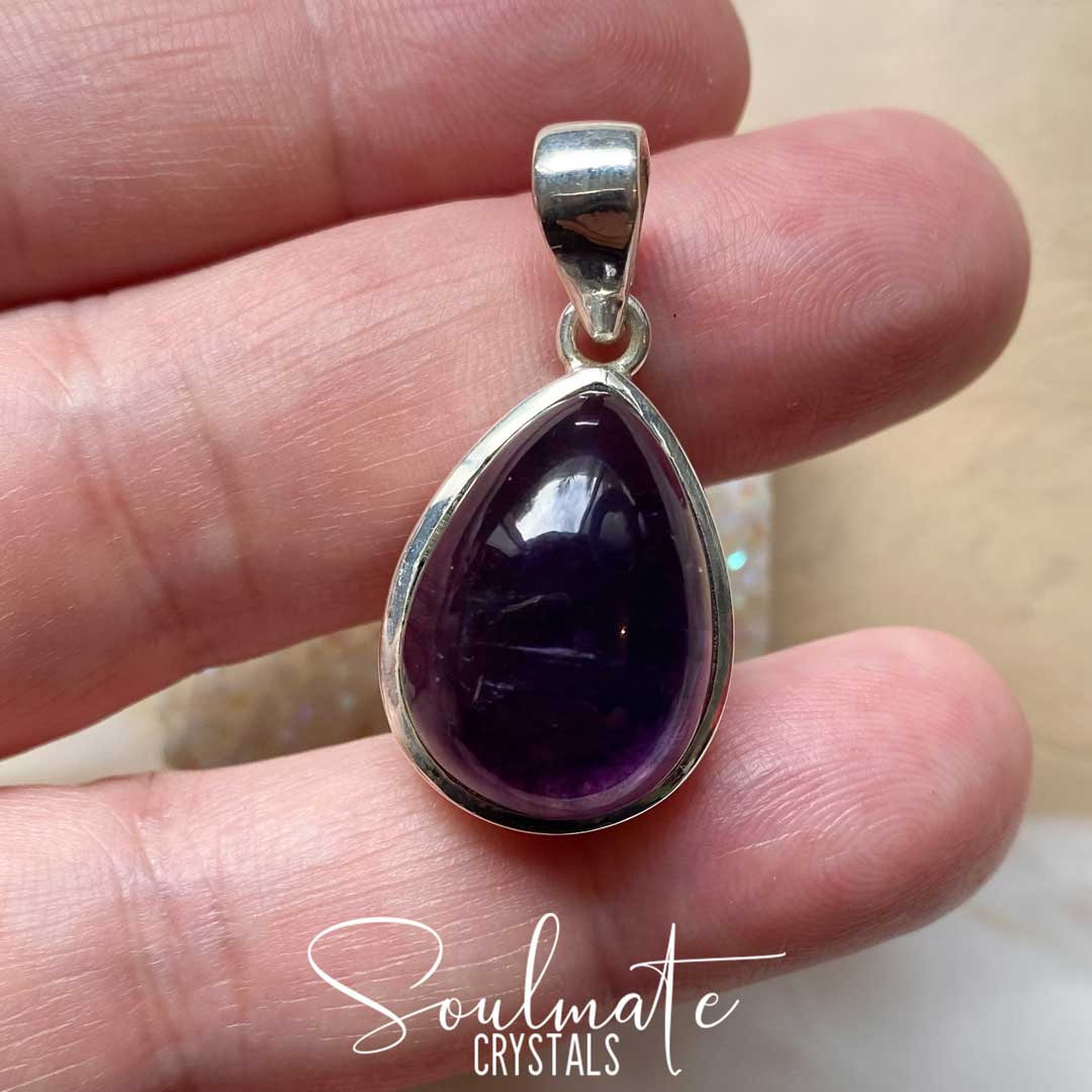 Soulmate Crystals Amethyst Dark Polished Crystal Pendant Teardrop Sterling Silver, Purple Crystal, for Calm, Serenity and Reduce Anxiety, Crystal Jewellery.