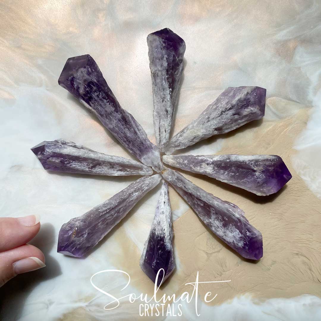 Soulmate Crystals Amethyst Dragon Tooth Raw Natural Point, Unpolished Purple Crystal Wand for Calm, Serenity, Reduce Anxiety.