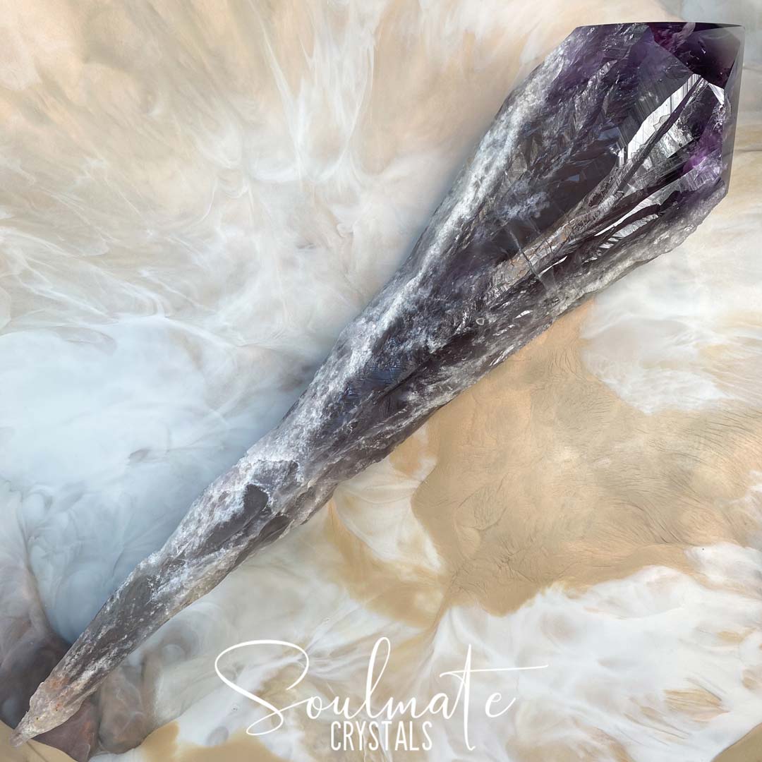 Soulmate Crystals Amethyst Dragon Tooth Raw, Partially Polished Wand, Purple Crystal Sceptre for Calm, Serenity and Reduce Anxiety, Size Giant, Bahia, Brazil