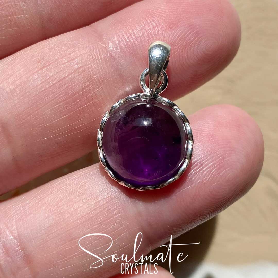 Soulmate Crystals Amethyst Polished Crystal Pendant Round Sterling Silver, Purple Crystal, for Calm, Serenity and Reduce Anxiety, Pendant, Jewellery, Jewelry, Wearable Crystal Jewellery.