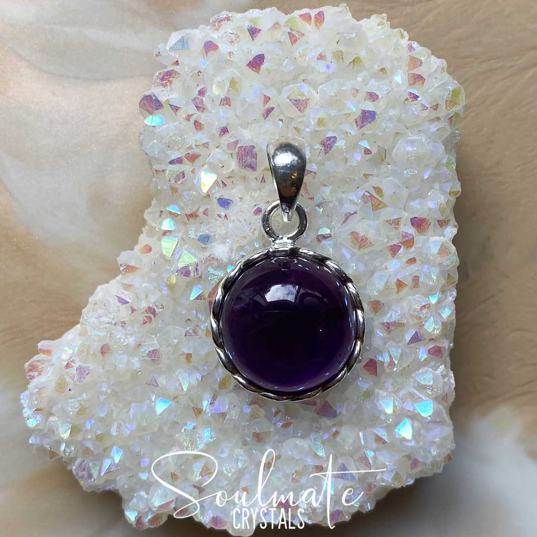 Soulmate Crystals Amethyst Polished Crystal Pendant Round Sterling Silver, Purple Crystal, for Calm, Serenity and Reduce Anxiety, Pendant, Jewellery, Jewelry, Wearable Crystal Jewellery.