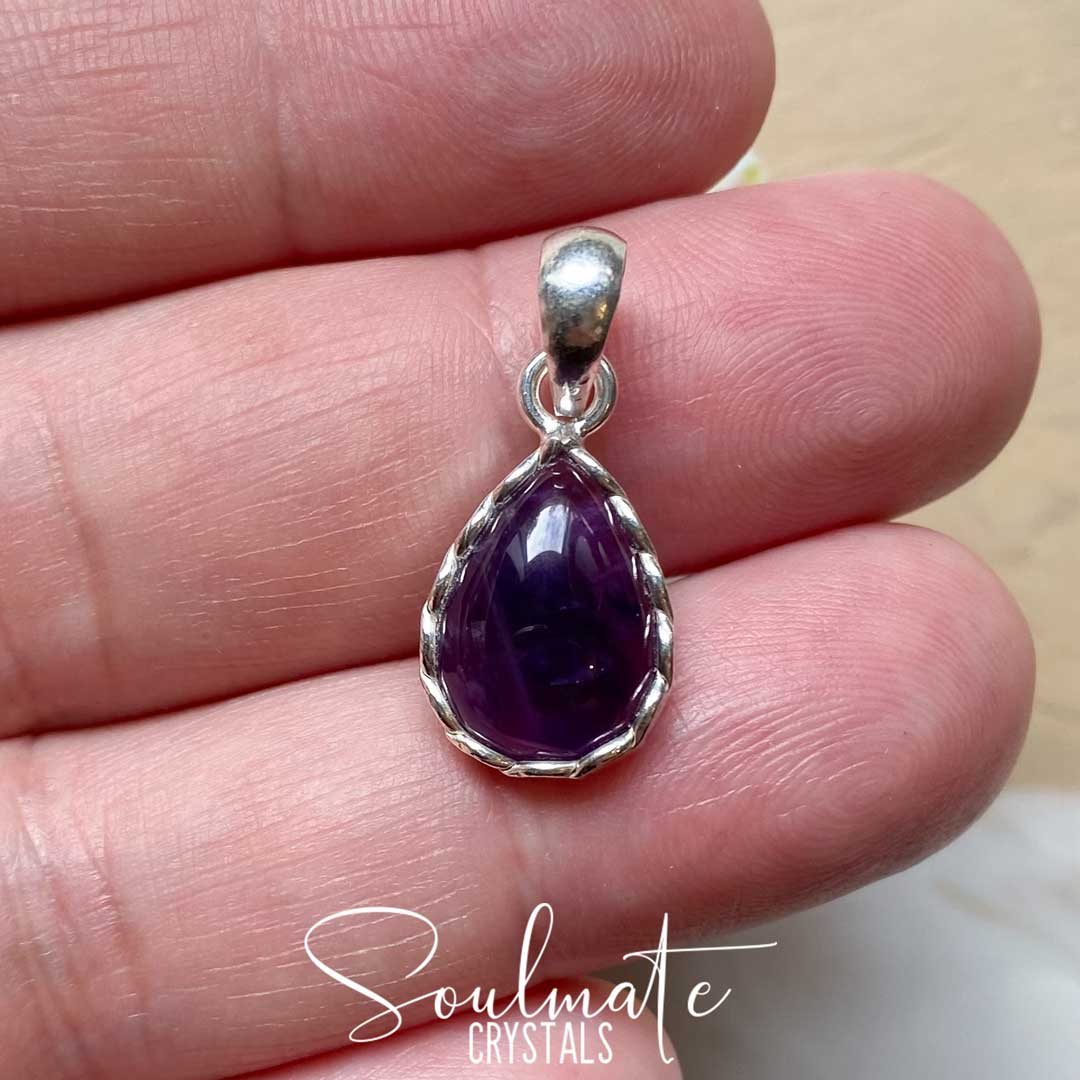 Soulmate Crystals Amethyst Polished Crystal Pendant Teardrop Sterling Silver, Purple Crystal, for Calm, Serenity and Reduce Anxiety, Pendant, Jewellery, Jewelry, Wearable Crystal Jewellery.