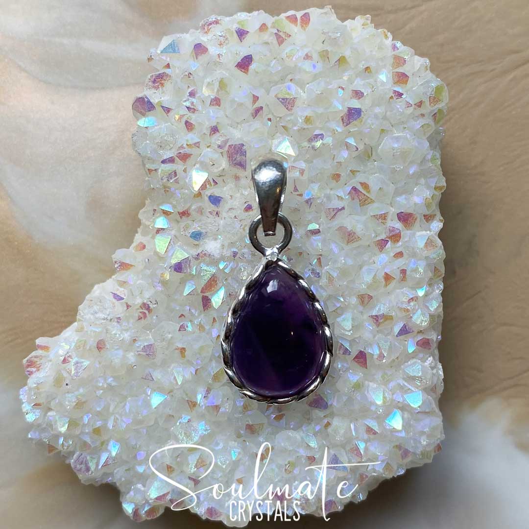 Soulmate Crystals Amethyst Polished Crystal Pendant Teardrop Sterling Silver, Purple Crystal, for Calm, Serenity and Reduce Anxiety, Pendant, Jewellery, Jewelry, Wearable Crystal Jewellery.
