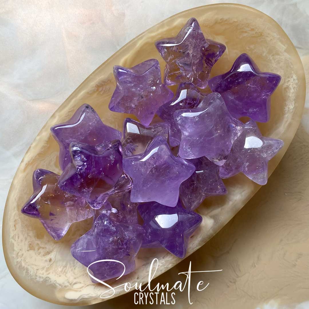 Soulmate Crystals Amethyst Polished Crystal Puffy Star, Purple Crystal Star for Calm, Serenity and Reduce Anxiety.