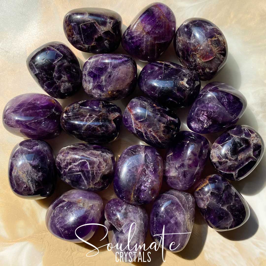 Soulmate Crystals Amethyst X-Dark Chevron Tumbled Stone, Polished Purple Crystal for Calm, Serenity and Reduce Anxiety