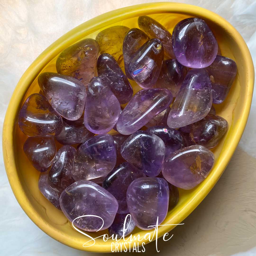 Soulmate Crystals Ametrine Tumbled Stone, Polished Purple and Gold Crystal for Harmony, Vitality and Manifestation, Grade A