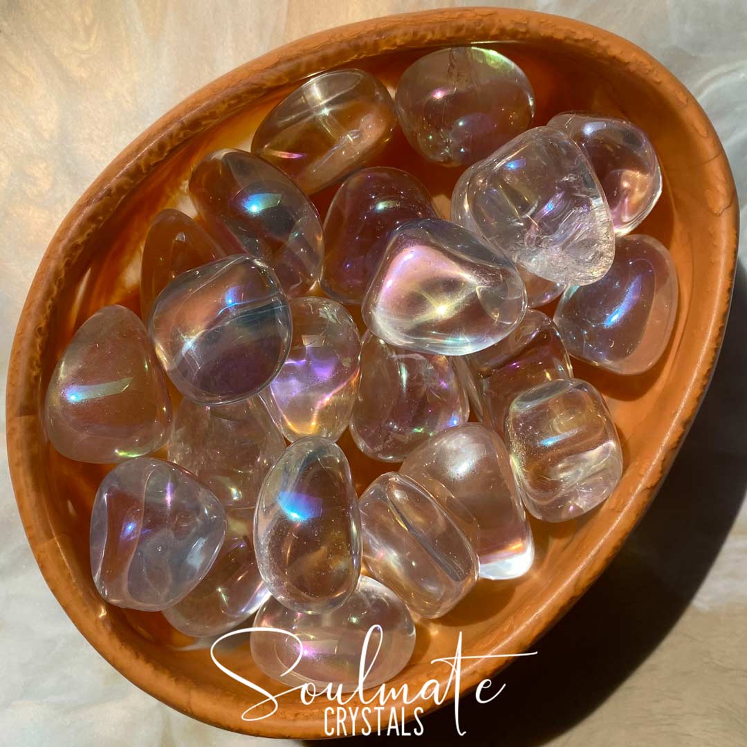 Soulmate Crystals Angel Aura Quartz Tumbled Stone, Silvery Rainbow Sheen Pearly White Crystal for Calm, Protection and Spiritual Growth