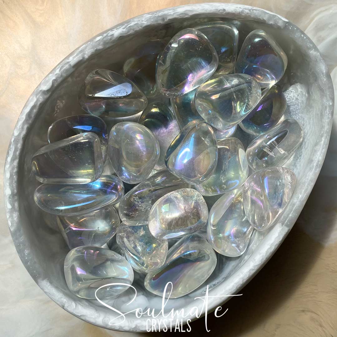 Soulmate Crystals Angel Aura Quartz Tumbled Stone, Silvery Rainbow Sheen Pearly White Crystal for Calm, Protection and Spiritual Growth