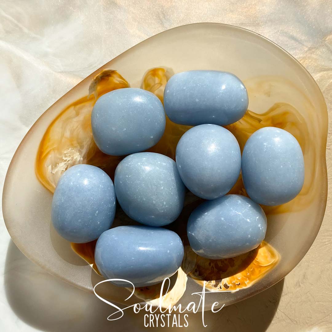Soulmate Crystals Angelite Tumbled Stone, Pale Blue Crystal for Stress Relief, Peace and Relaxation