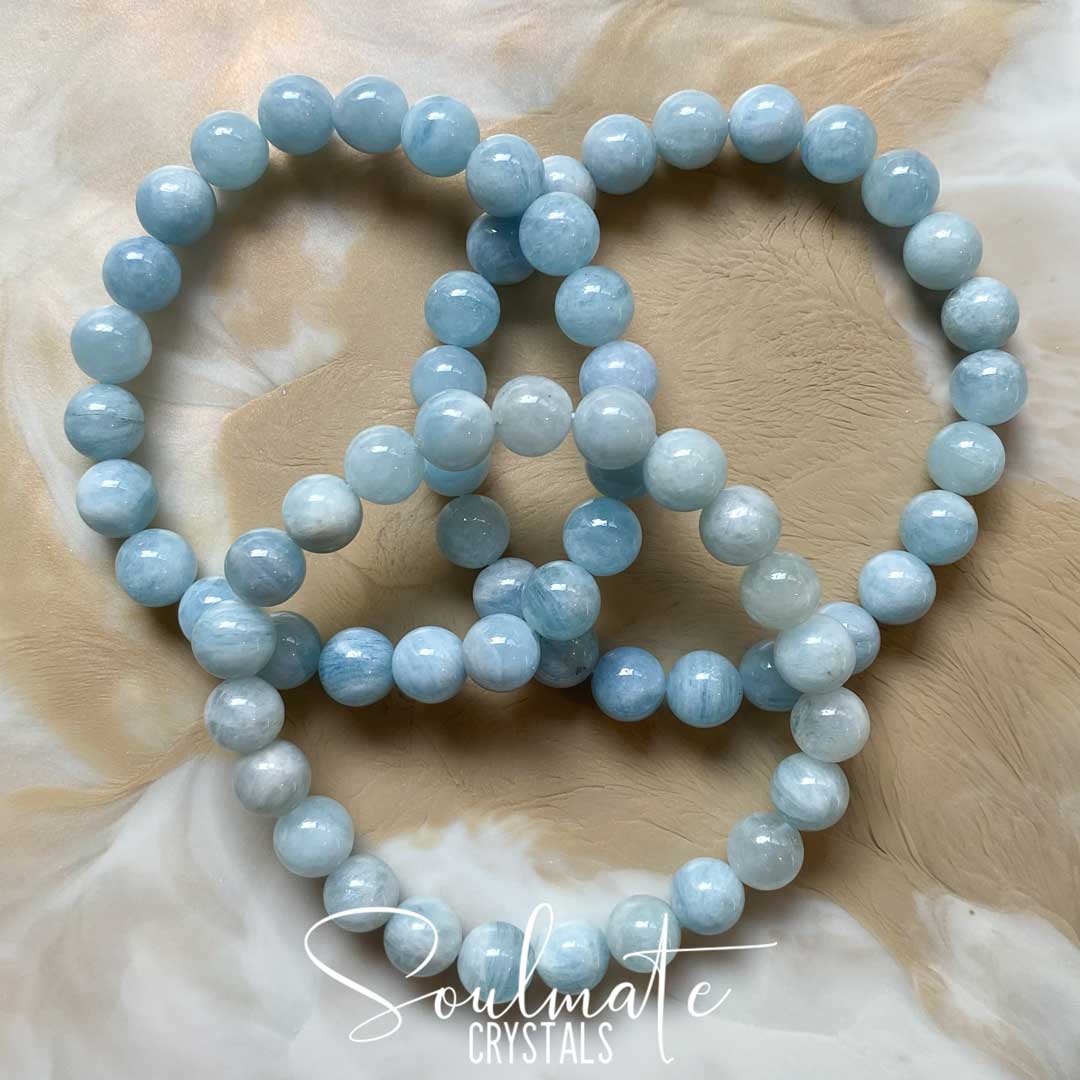 Soulmate Crystals Aquamarine Polished Crystal Bracelet, Natural Gemmy Blue Crystal for Love, Luck and Courage, Beaded Bracelet