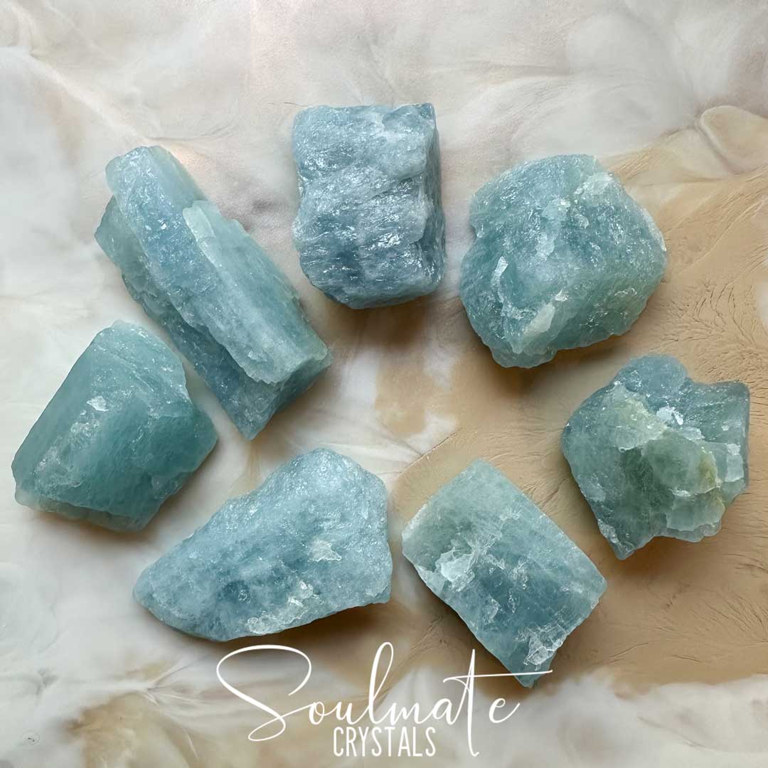 Soulmate Crystals Aquamarine Raw Stone Specimen, Natural Gemmy Blue Green Crystal for Love, Luck and Courage
