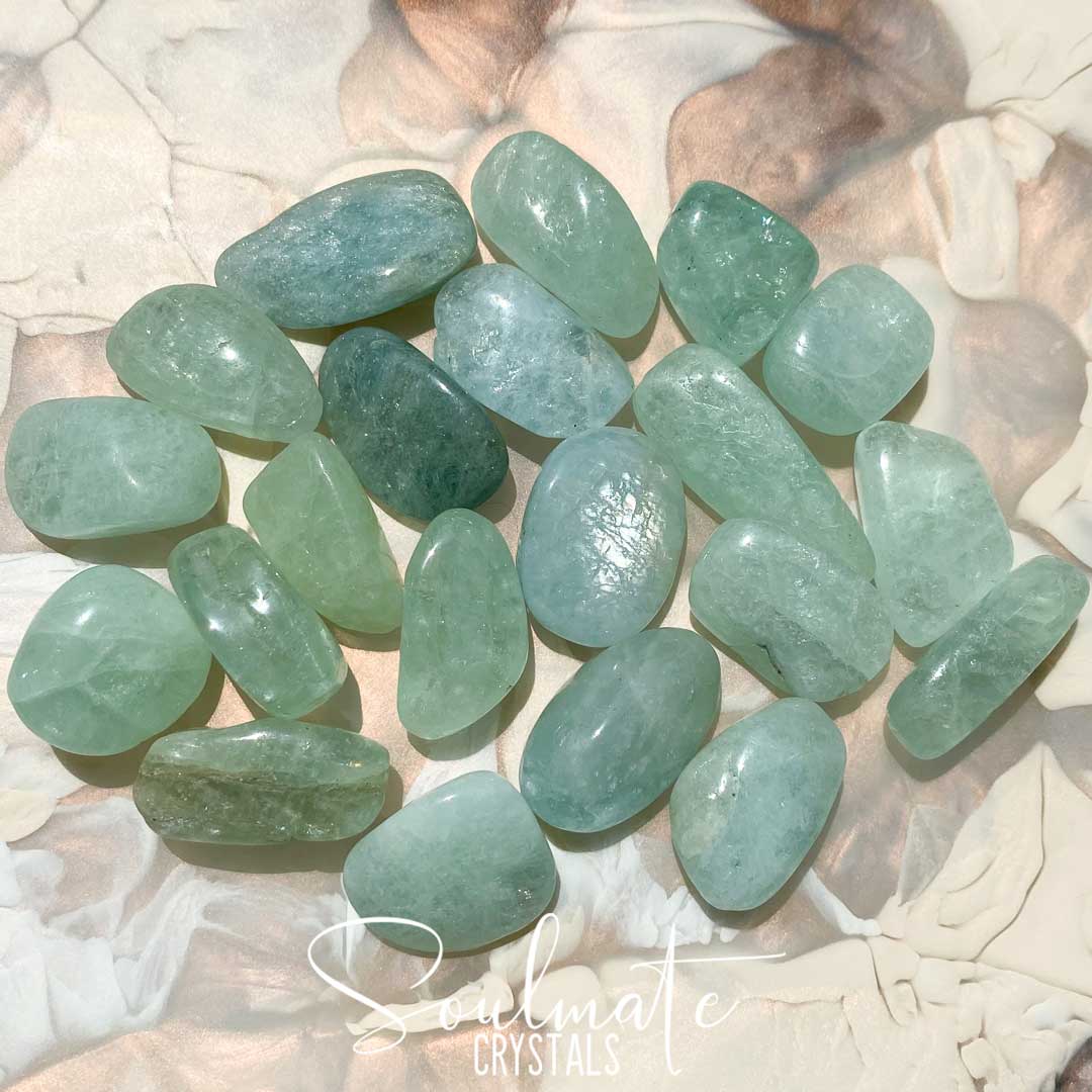 Soulmate Crystals Aquamarine Tumbled Stone, Polished Seafoam Blue Green Crystal for Love, Luck and Courage