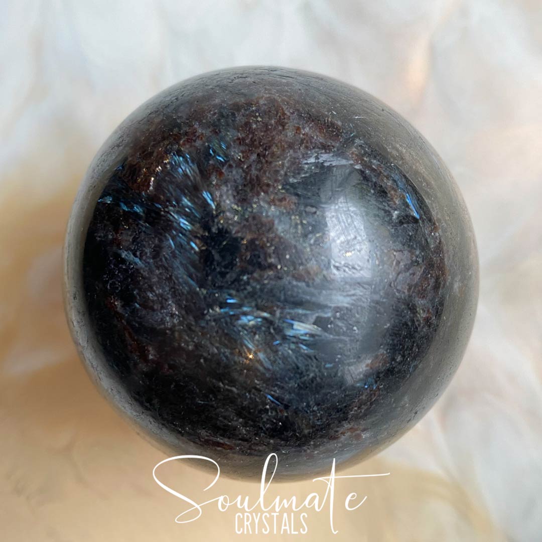 Soulmate Crystals Arfvedsonite Stone Sphere, Black-Dark Brown Crystal Metallic Bladed Inclusions in Silver Blue, Stone for Manifestation