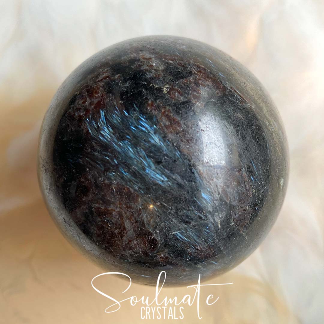 Soulmate Crystals Arfvedsonite Stone Sphere, Black-Dark Brown Crystal Metallic Bladed Inclusions in Silver Blue, Stone for Manifestation