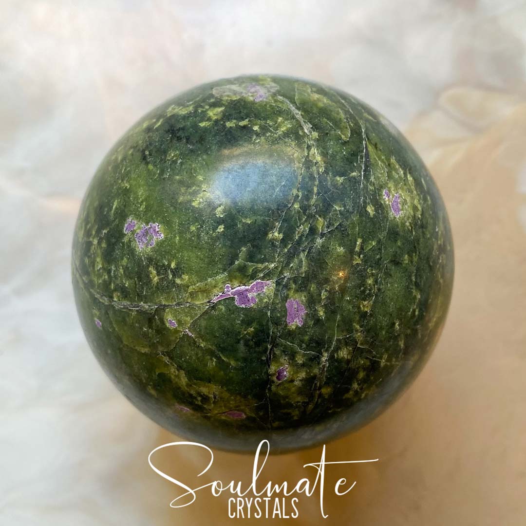 Soulmate Crystals Atlantisite Polished Crystal Sphere, Serpentine Green Crystal with Stitchtite Purple Crystal Inclusions for Wisdom, Compassion and Forgiveness, Extra Quality Grade Rare Australian Mineral