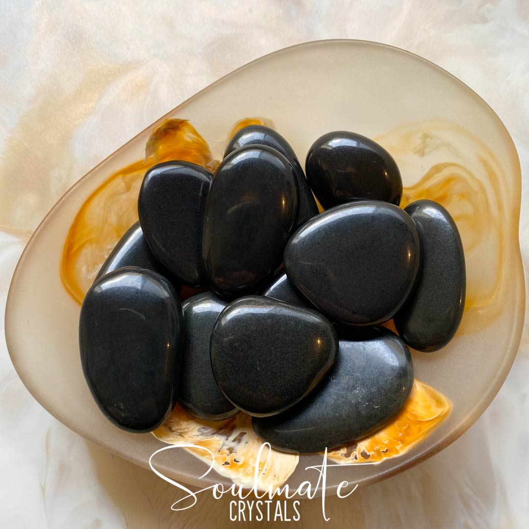 Soulmate Crystals Black Jasper Tumbled Stone, Polished Basanite Black Crystal for Emotional Stability, Intuition and Strength, Size Medium