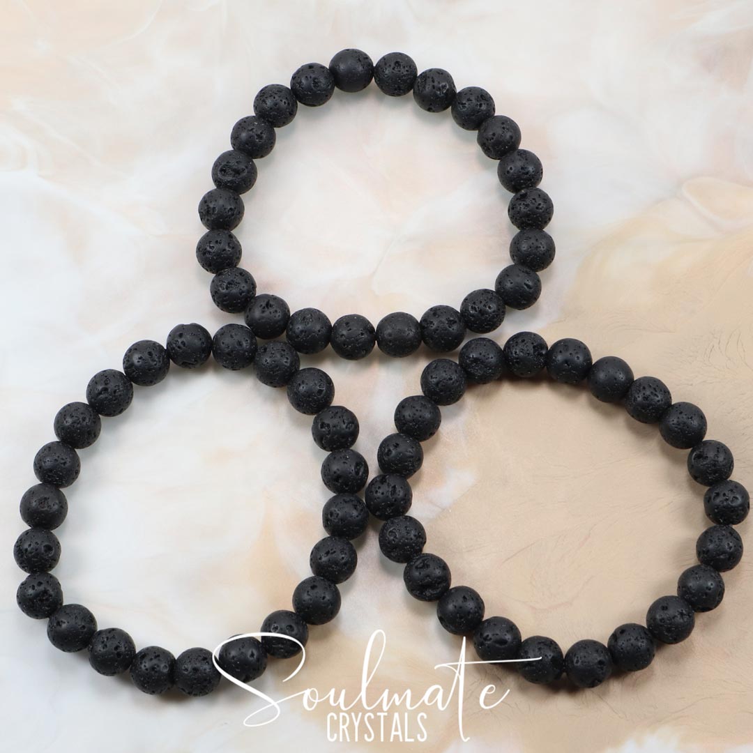 Soulmate Crystals Black Lava Stone Aromatherapy Bracelet, Polished Volcanic Rock Black Crystal Jewellery for Grounding and Relaxation, Size 8mm