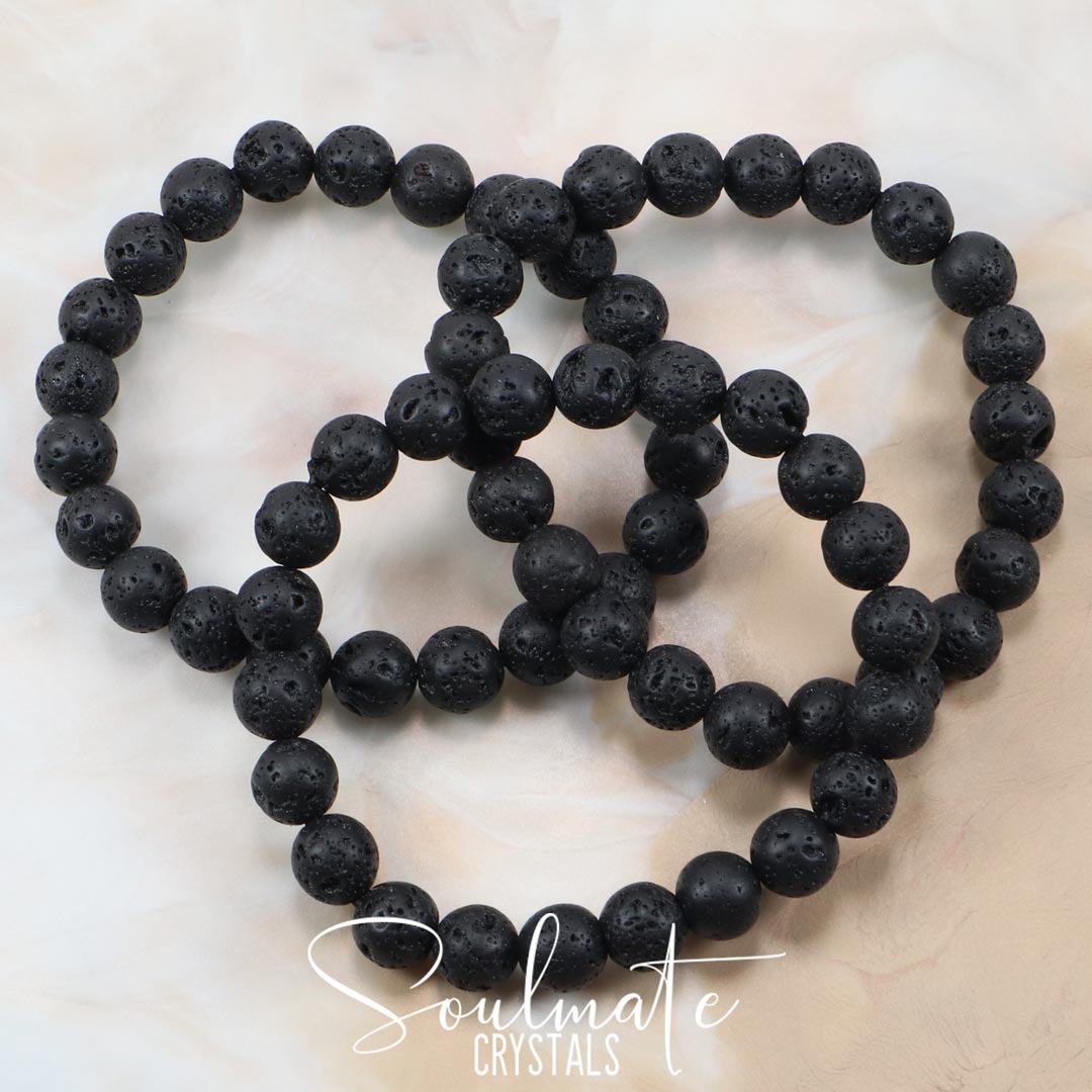 Soulmate Crystals Black Lava Stone Aromatherapy Bracelet, Polished Volcanic Rock Black Crystal Jewellery for Grounding and Relaxation, Size 8mm