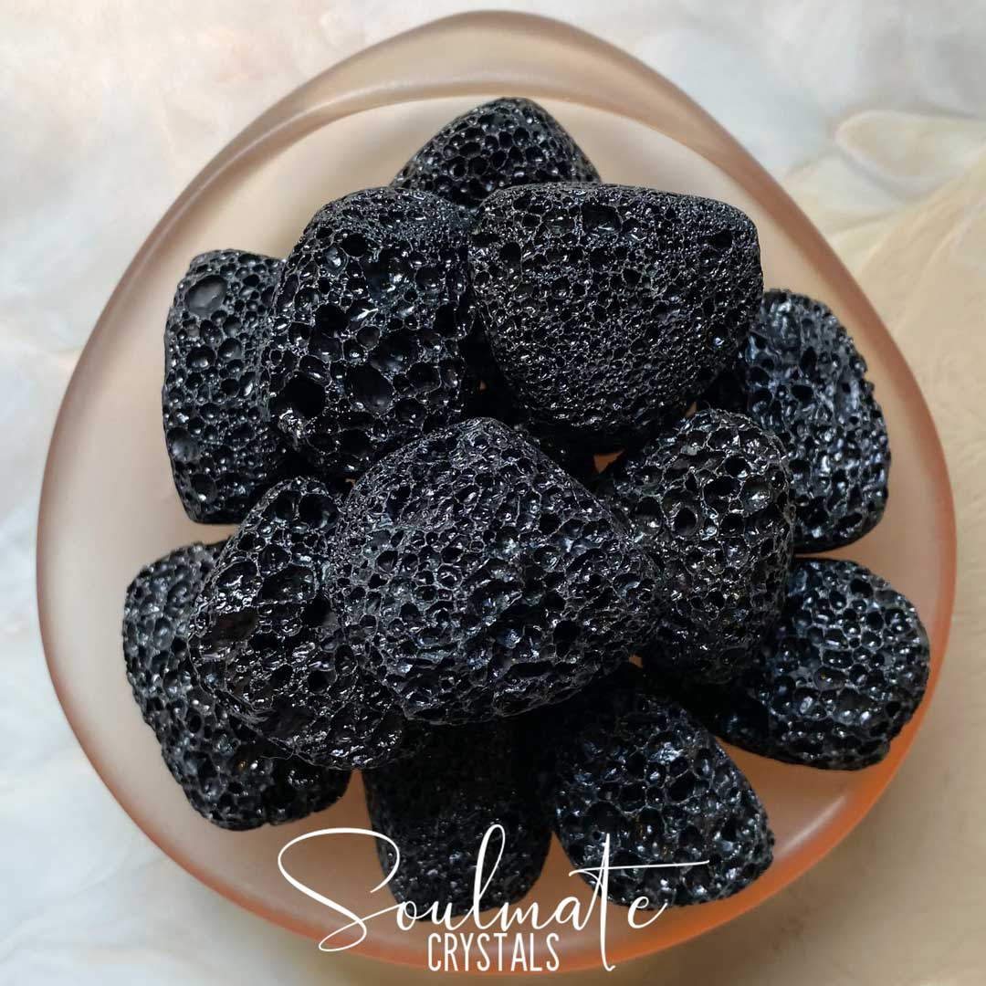 Soulmate Crystals Black Lava Stone Tumbled Stone, Polished Volcanic Rock Black Crystal for Grounding, Relaxation, Aromatherapy Stone