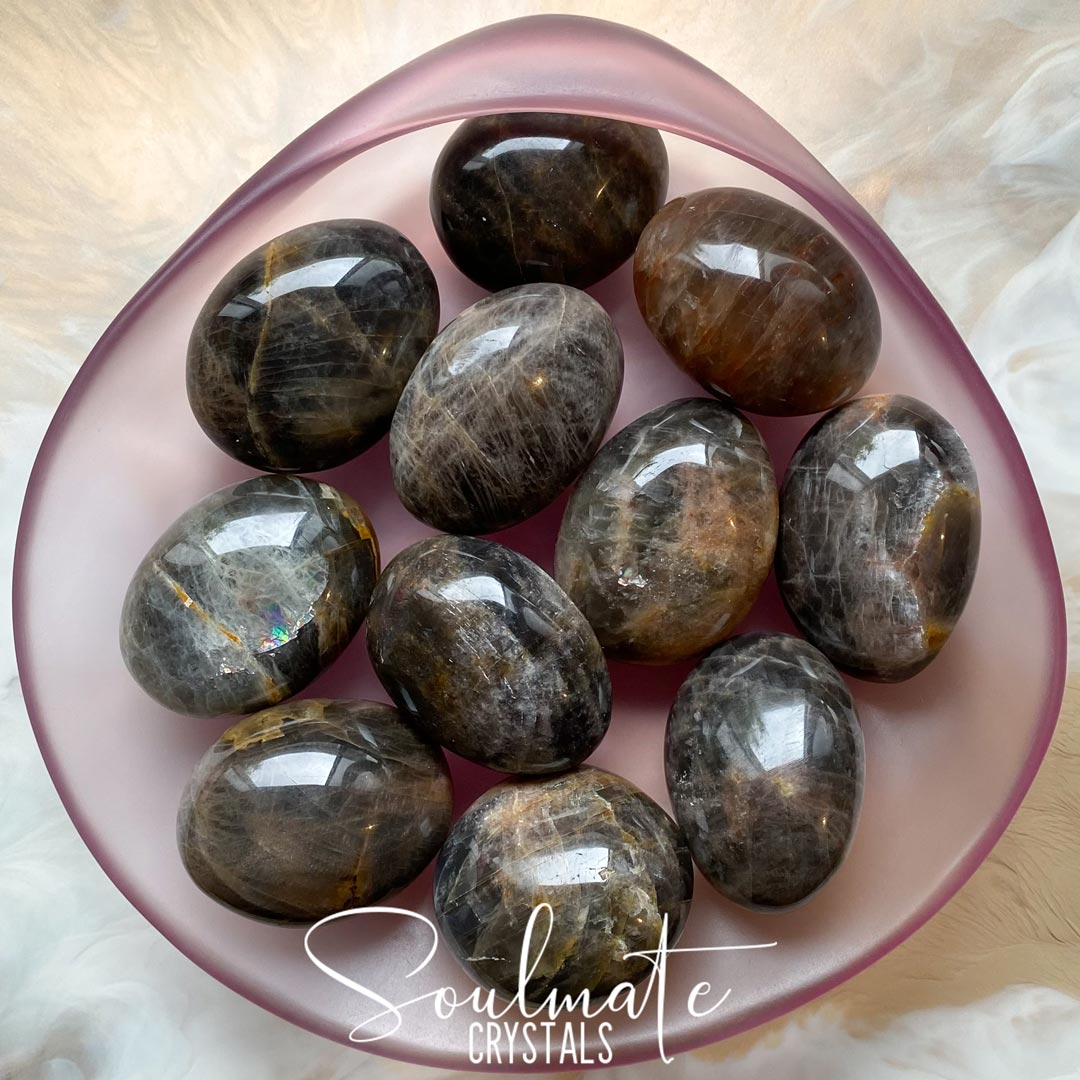 Soulmate Crystals Black Moonstone Polished Crystal Pebble, Black Crystal for Intention Setting, Manifestation, Creativity and New Moon Rituals.