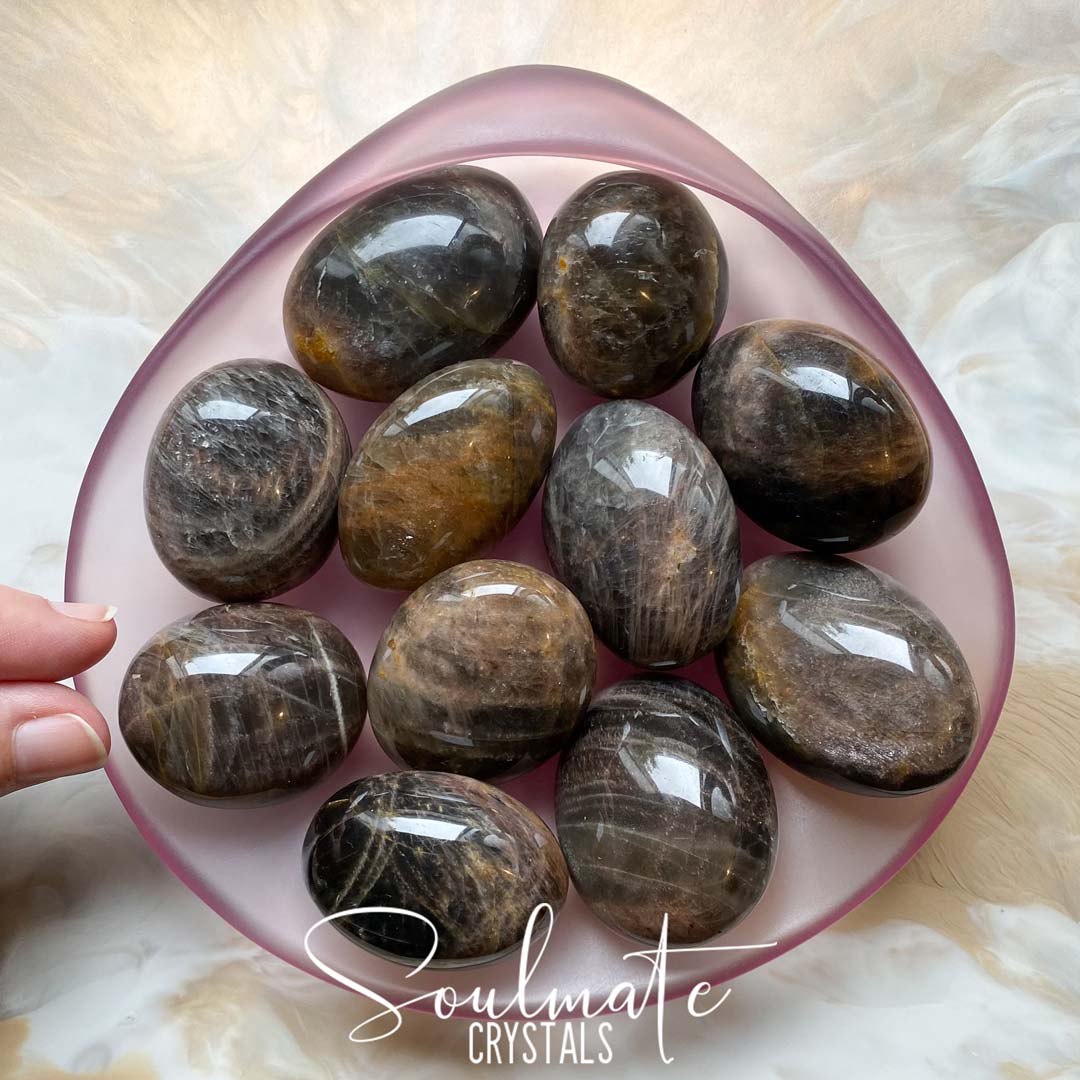 Soulmate Crystals Black Moonstone Polished Crystal Pebble, Black Crystal for Intention Setting, Manifestation, Creativity and New Moon Rituals.