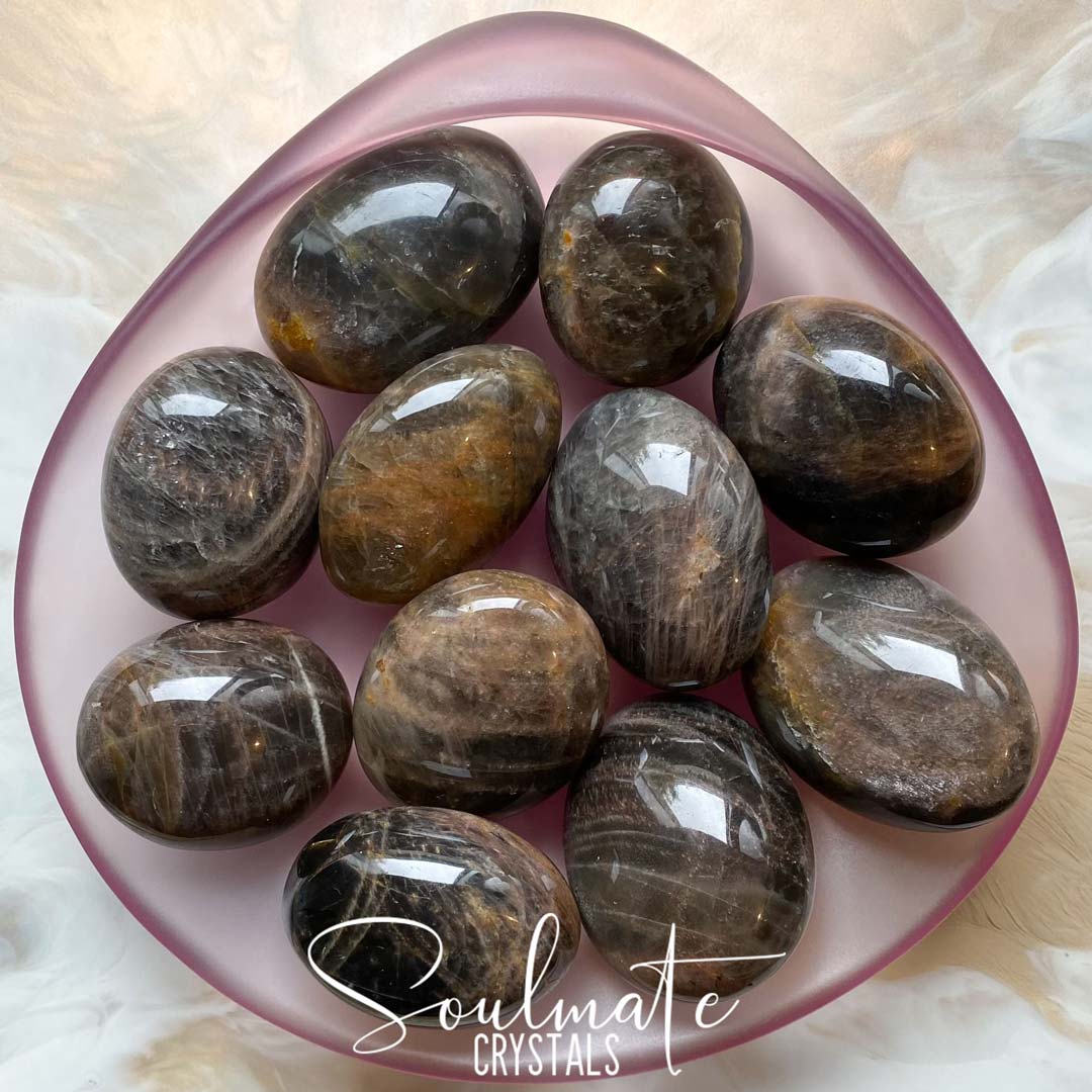 Soulmate Crystals Black Moonstone Polished Crystal Pebble, Black Crystal for Intention Setting, Manifestation, Creativity and New Moon Rituals.