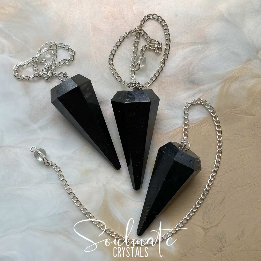 Soulmate Crystals Black Tourmaline Polished Crystal Pendulum, Black Crystal for EMF Protection, Grounding, Restoration and Shield Negativity, Divination.