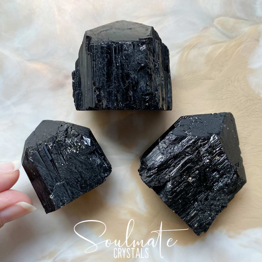 Soulmate Crystals Black Tourmaline Raw Polished Crystal Point, Black Crystal Stone for EMF Protection, Grounding, Restoration and Shield Negativity