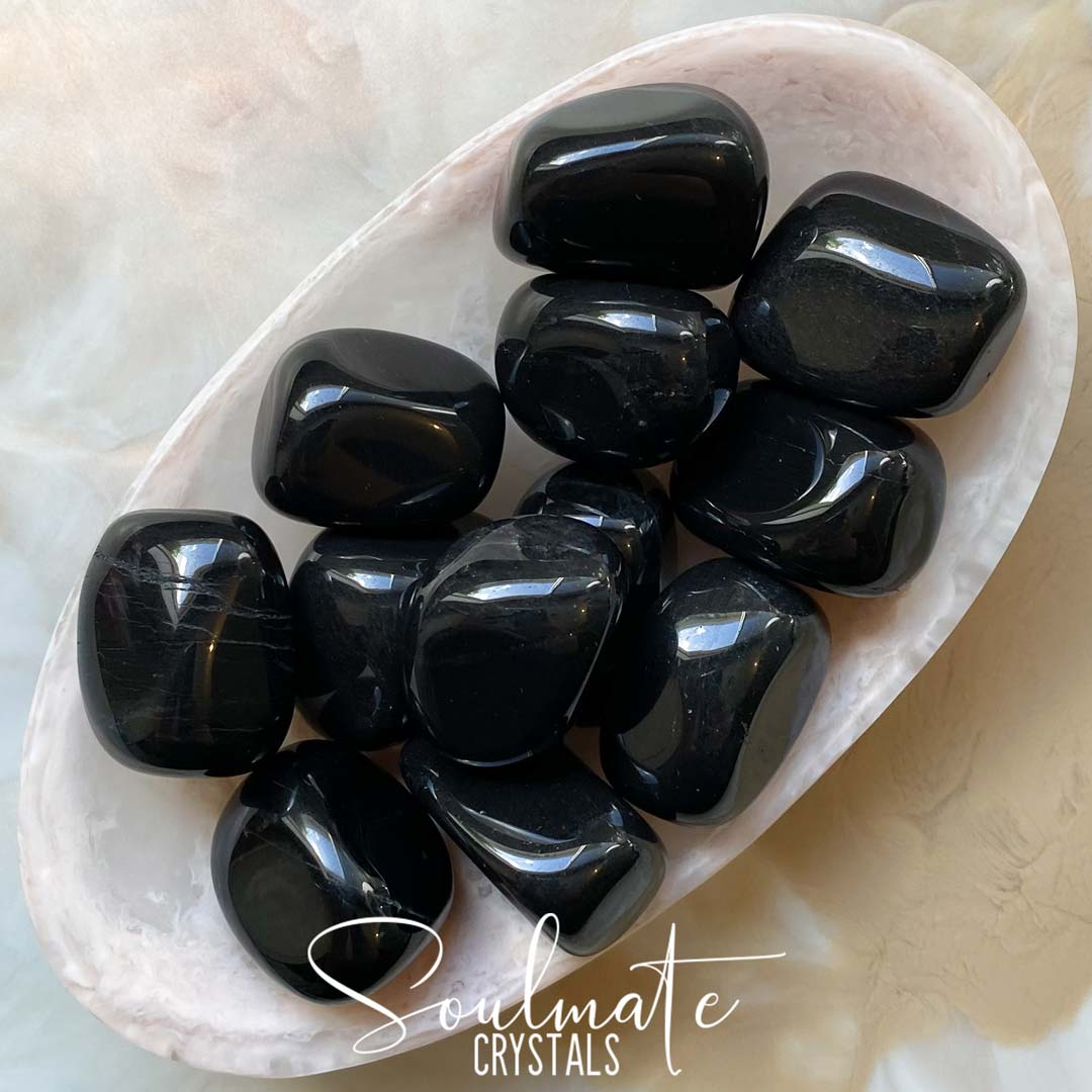 Soulmate Crystals Black Tourmaline Tumbled Stone, Black Crystal for EMF Protection, Grounding, Restoration and Shield Negativity.