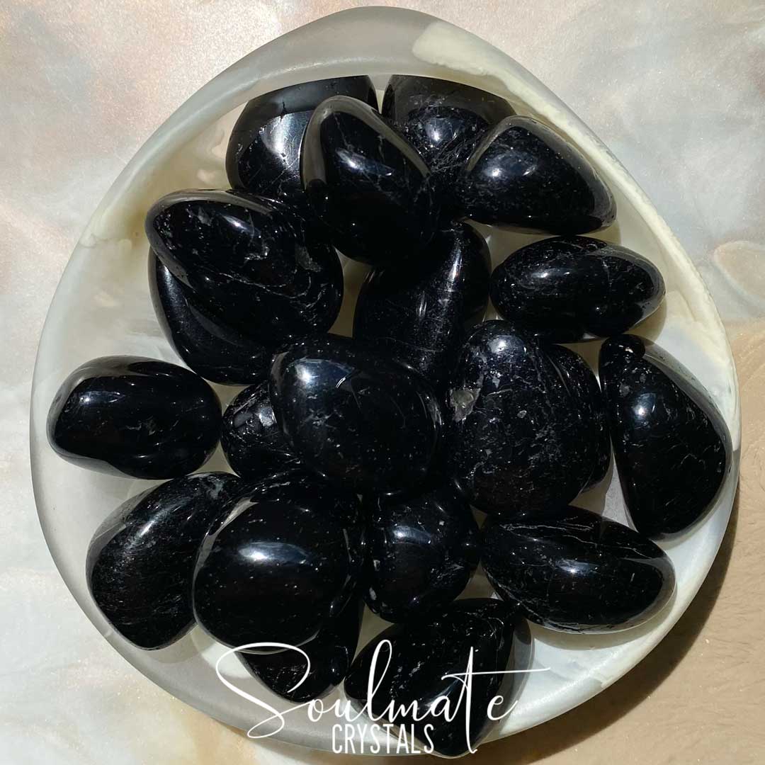 Soulmate Crystals Black Tourmaline Tumbled Stone, Black Crystal for EMF Protection, Grounding, Restoration and Shield Negativity.