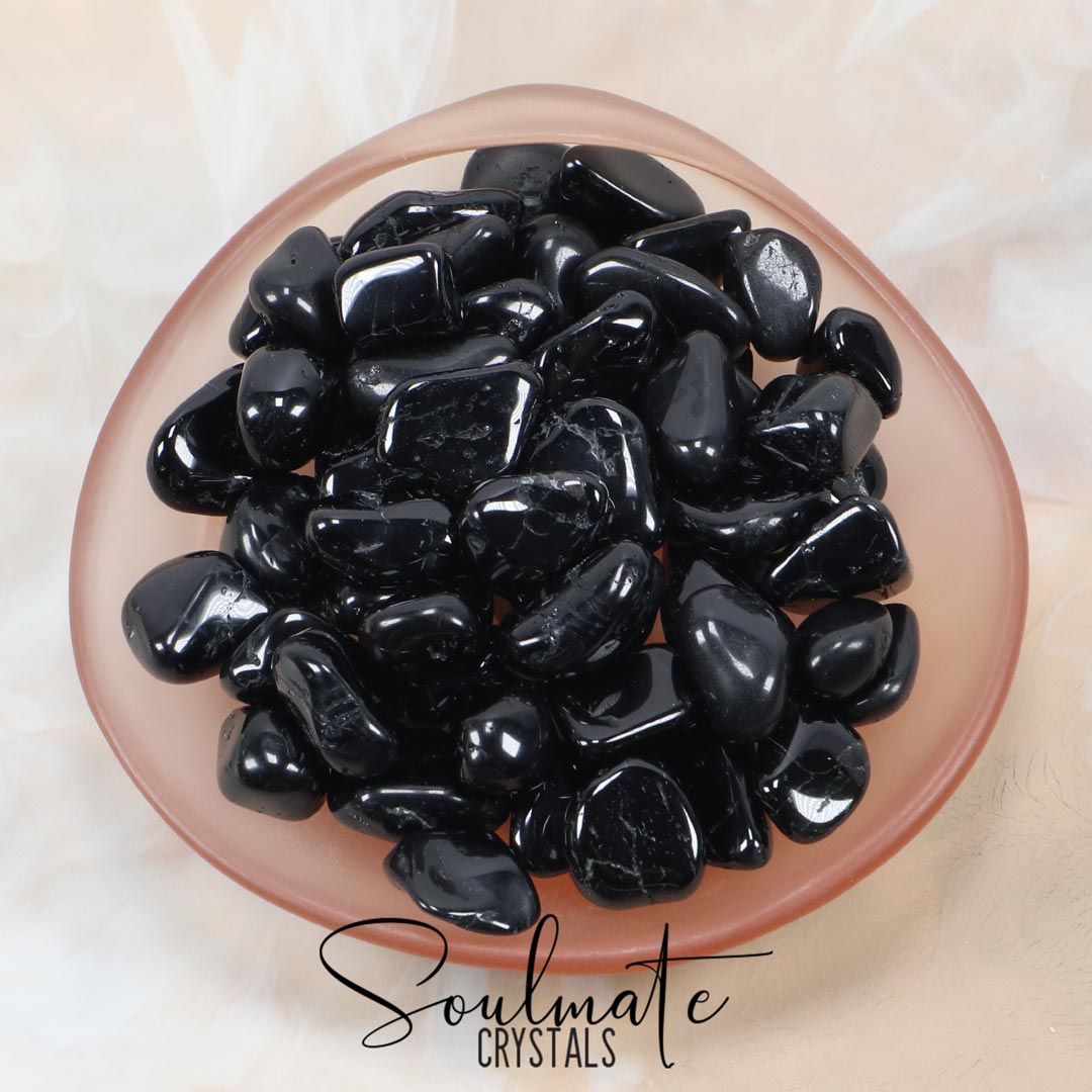 Soulmate Crystals Black Tourmaline Tumbled Stone, Black Crystal for EMF Protection, Grounding, Restoration and Shield Negativity, Size Small