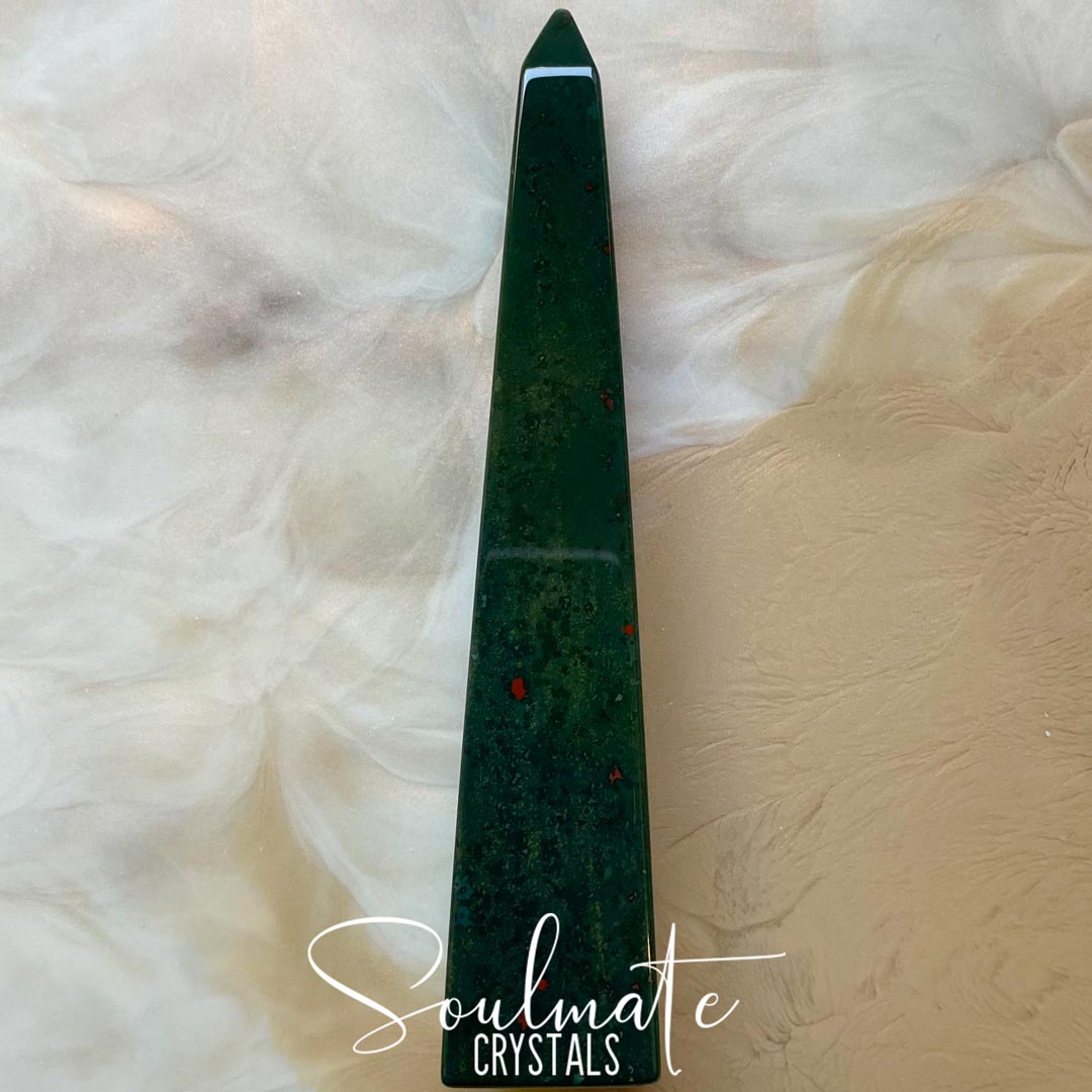 Soulmate Crystals Bloodstone Polished Crystal Obelisk, Heliotrope Green Red Crystal for Detoxifying and Empowerment.
