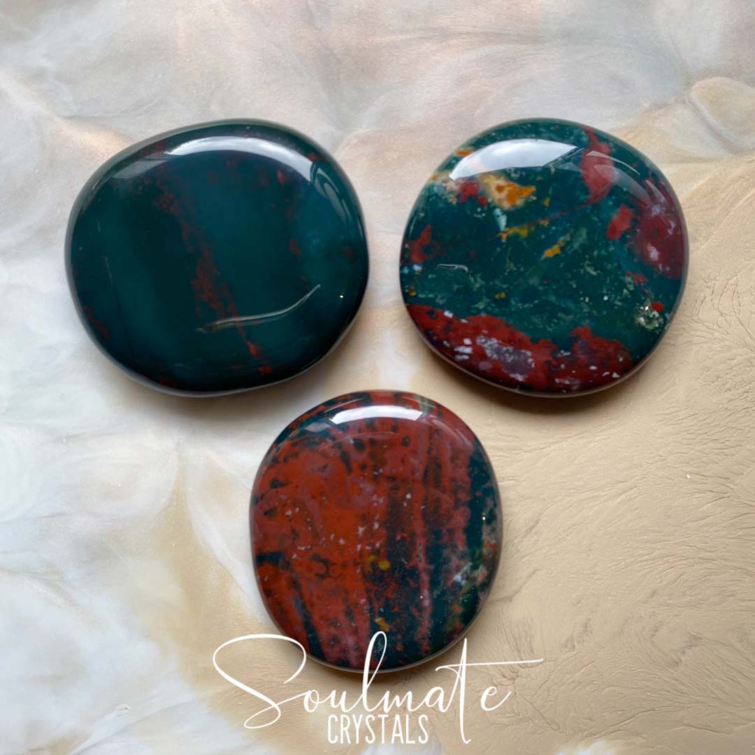 Soulmate Crystals Bloodstone Polished Palm Stone, Heliotrope Green Red Crystal for Detoxifying and Empowerment.