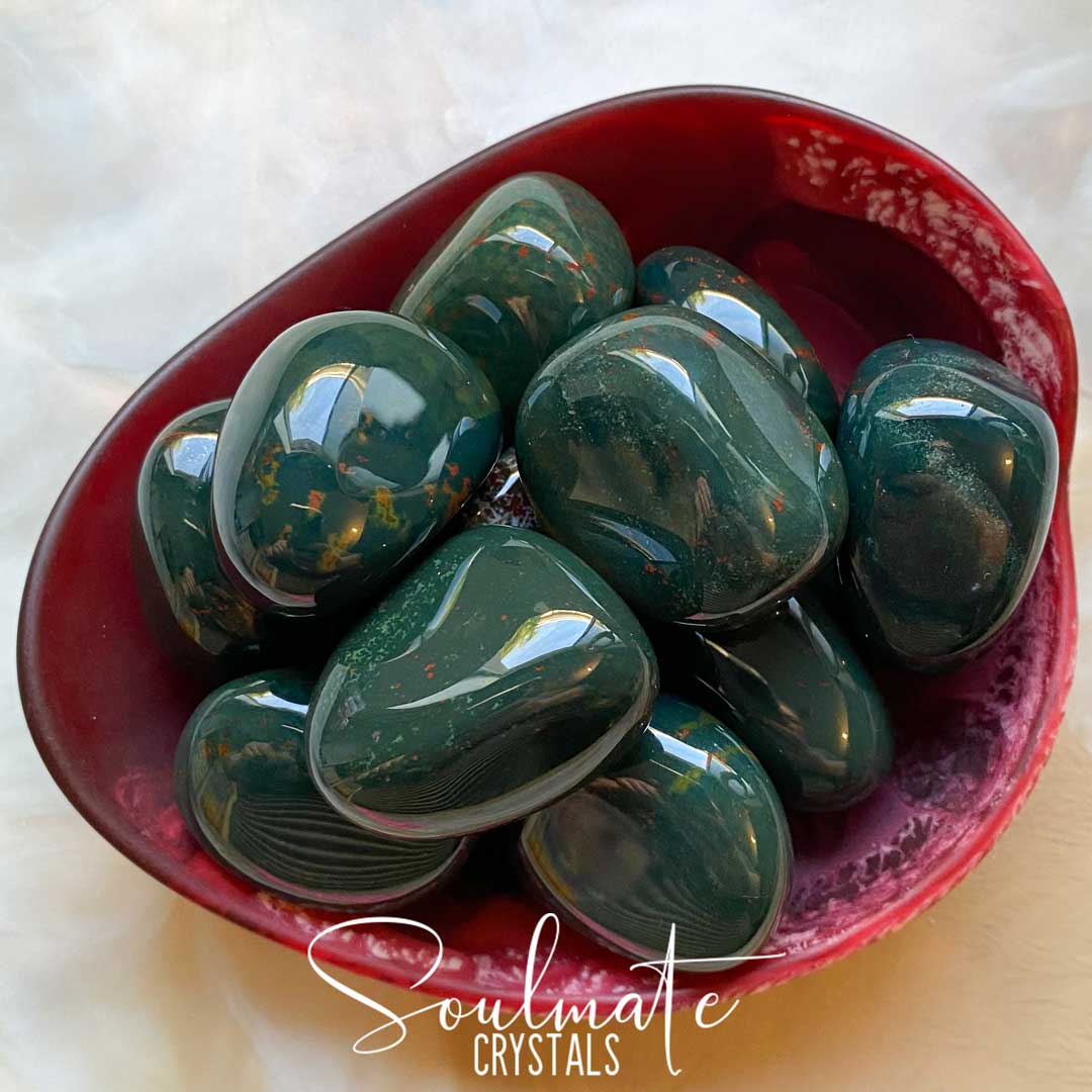 Soulmate Crystals Bloodstone Tumbled Stone, Heliotrope Dark Green Jasper Crystal Red Markings for Detoxifying and Empowerment.